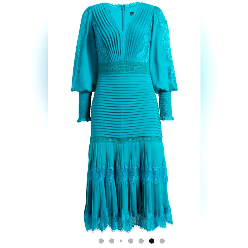 ISO Tadashi Shoji Lace Pintuck Dress.  Size 12. Tropical Blue